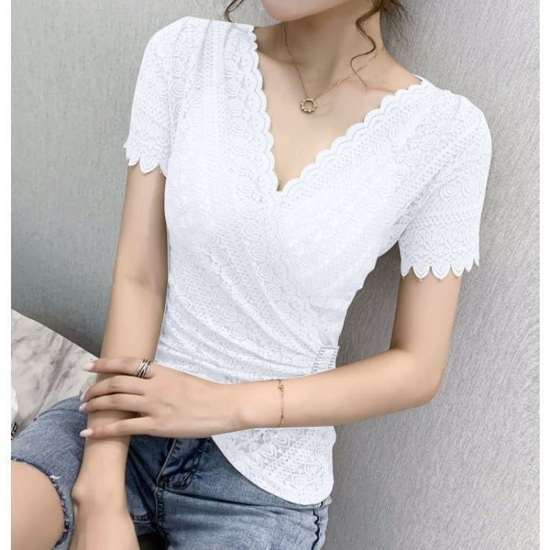 V-neck Lace Women's Trendy Short-sleeved Blouse