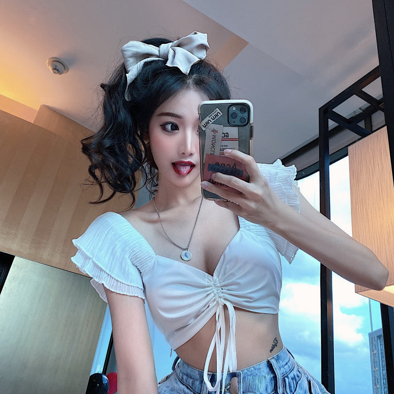 Chic Women's White Crop Top with Ruffle Sleeves