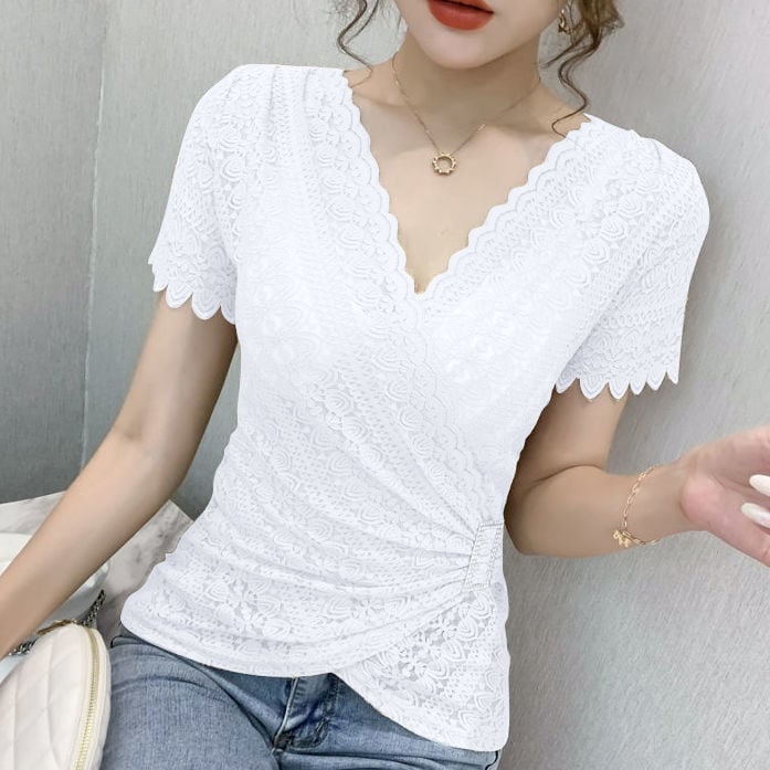 V-neck Lace Women's Trendy Short-sleeved Blouse