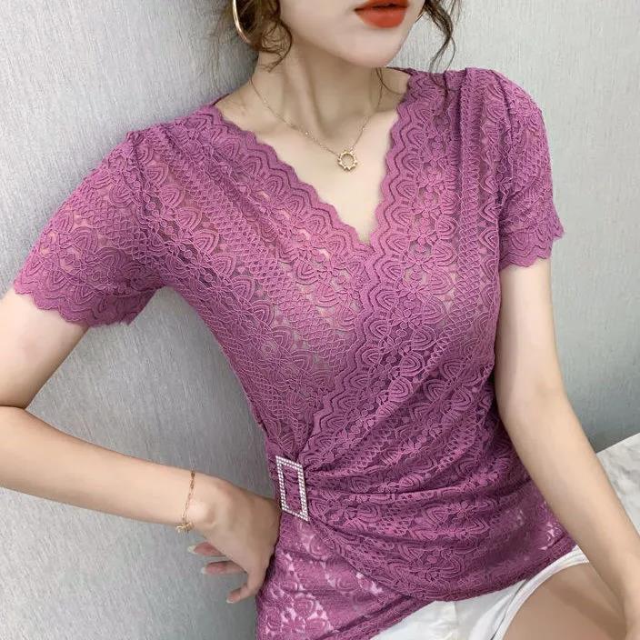 V-neck Lace Women's Trendy Short-sleeved Blouse
