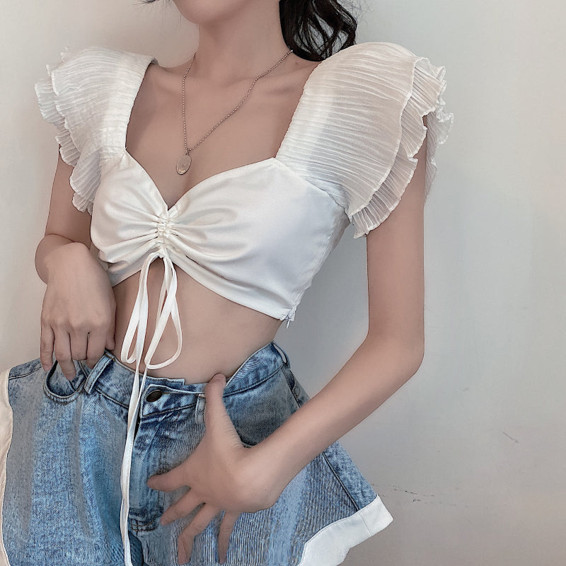 Chic Women's White Crop Top with Ruffle Sleeves