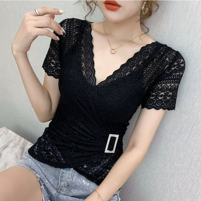 V-neck Lace Women's Trendy Short-sleeved Blouse