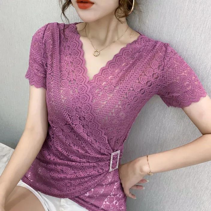 V-neck Lace Women's Trendy Short-sleeved Blouse