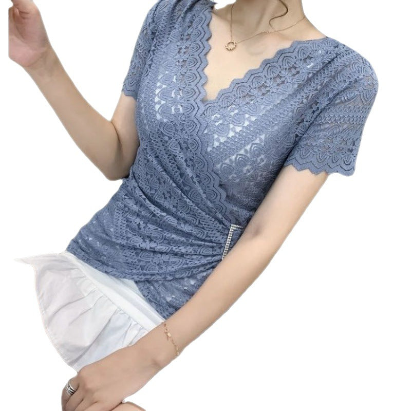 V-neck Lace Women's Trendy Short-sleeved Blouse